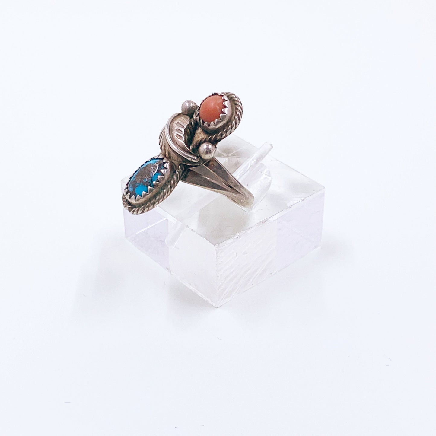 Vintage Silver Turquoise and Coral Ring | Southwest Jewelry | Silver Two Stone Ring | Size 5