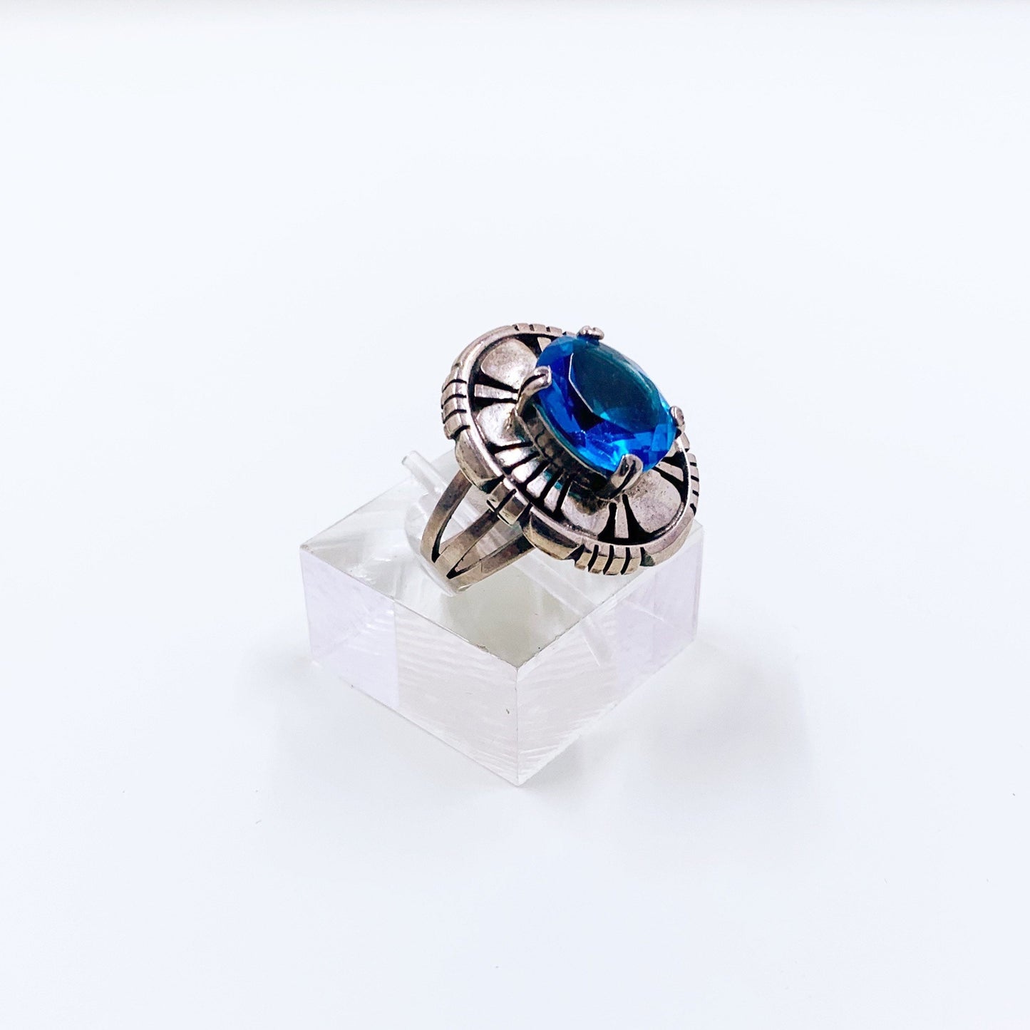 Vintage Sterling Silver Shadow Box Ring | Sterling Blue Stone Ring | Size 6 Ring