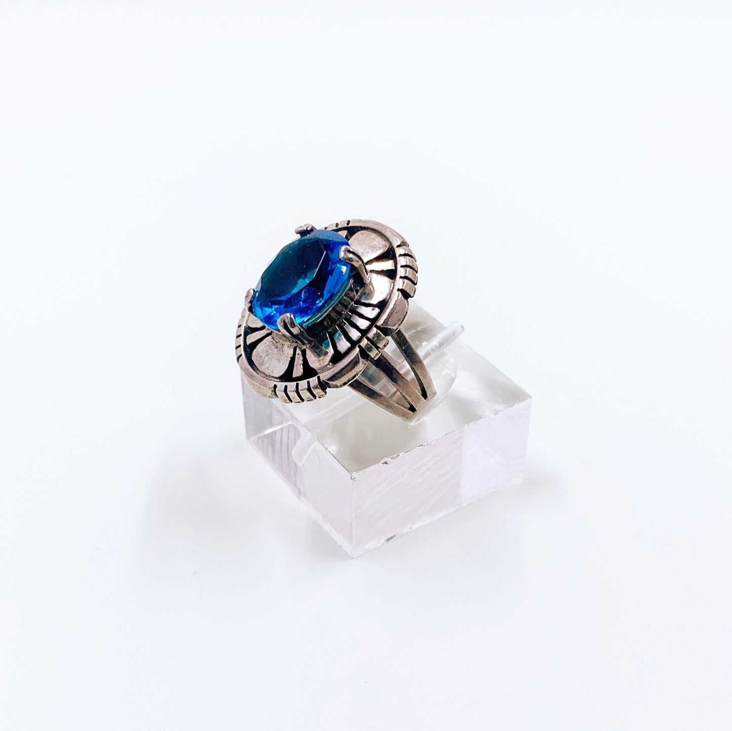 Vintage Sterling Silver Shadow Box Ring | Sterling Blue Stone Ring | Size 6 Ring