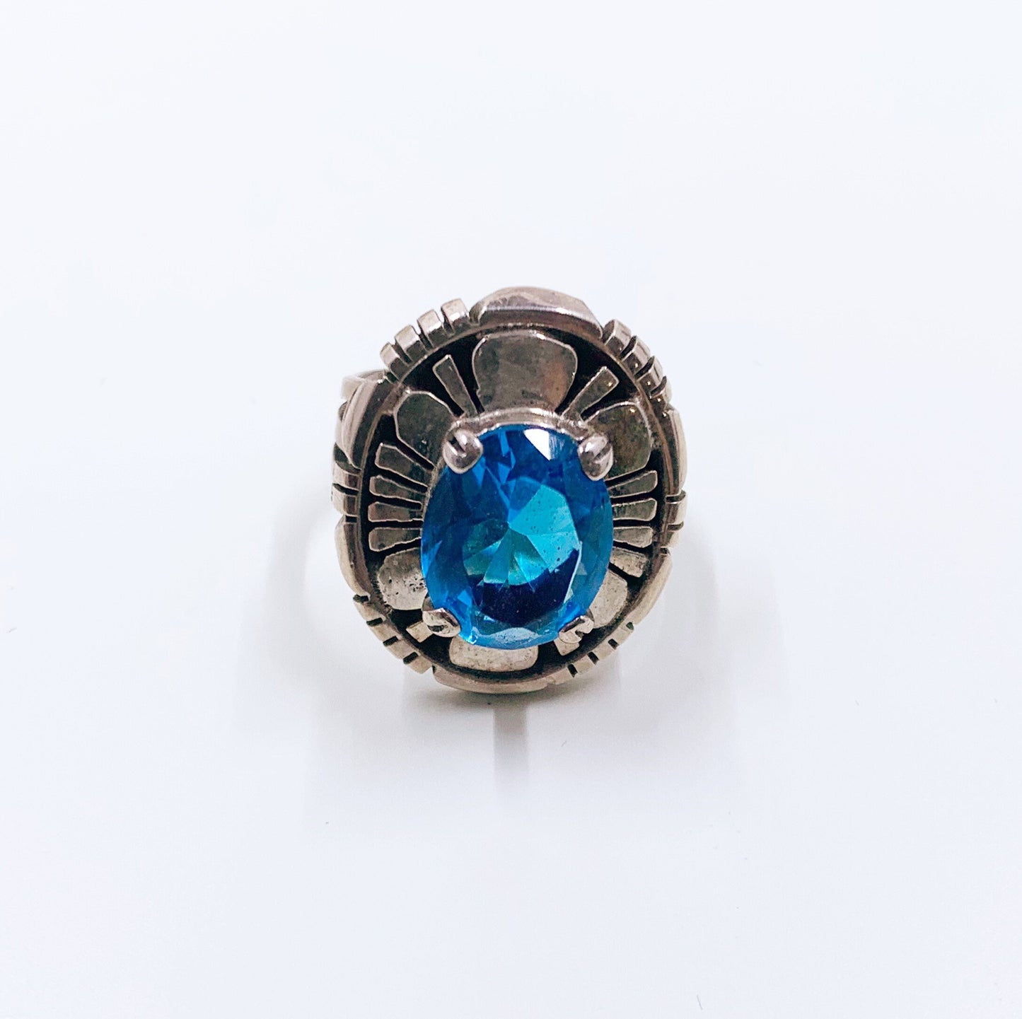 Vintage Sterling Silver Shadow Box Ring | Sterling Blue Stone Ring | Size 6 Ring