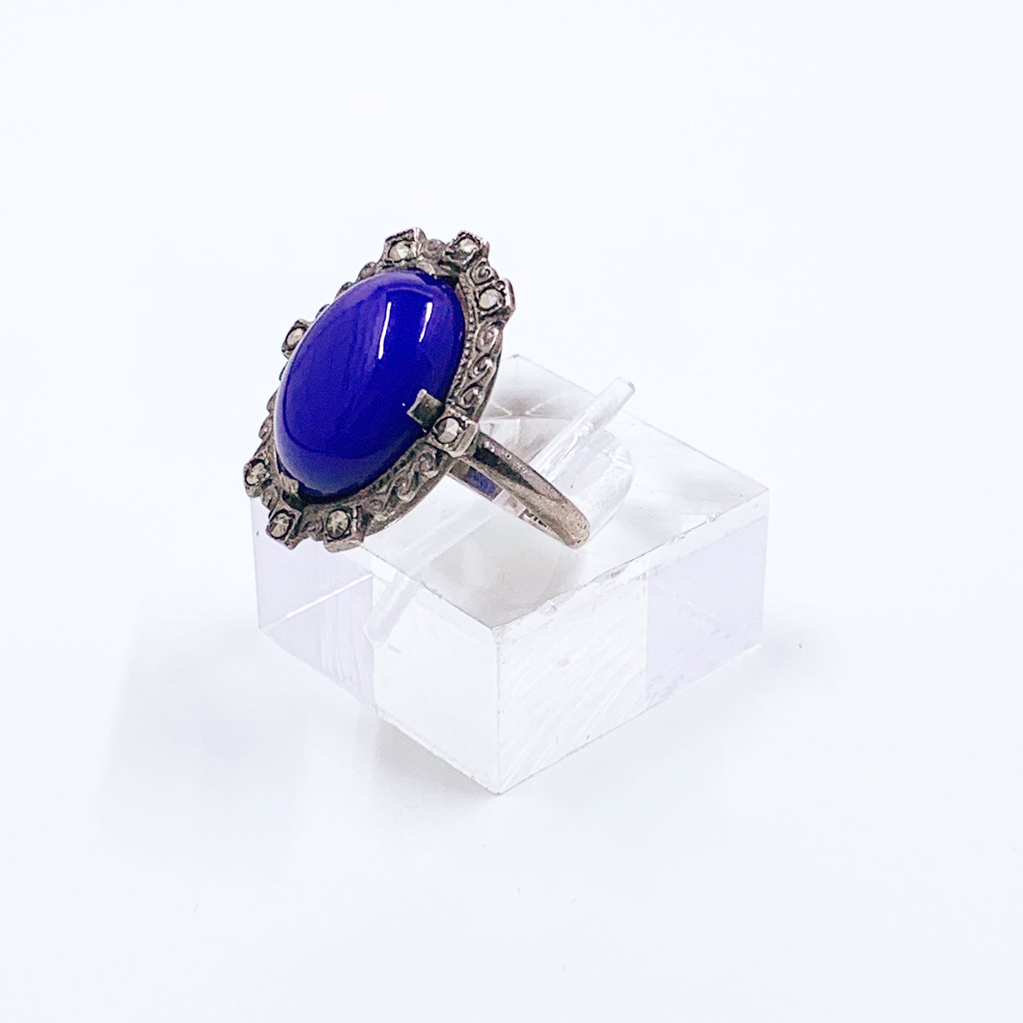 Vintage Sterling Silver Art Deco Style Ring | Marcasite Blue Glass Ring | Size 4 Ring