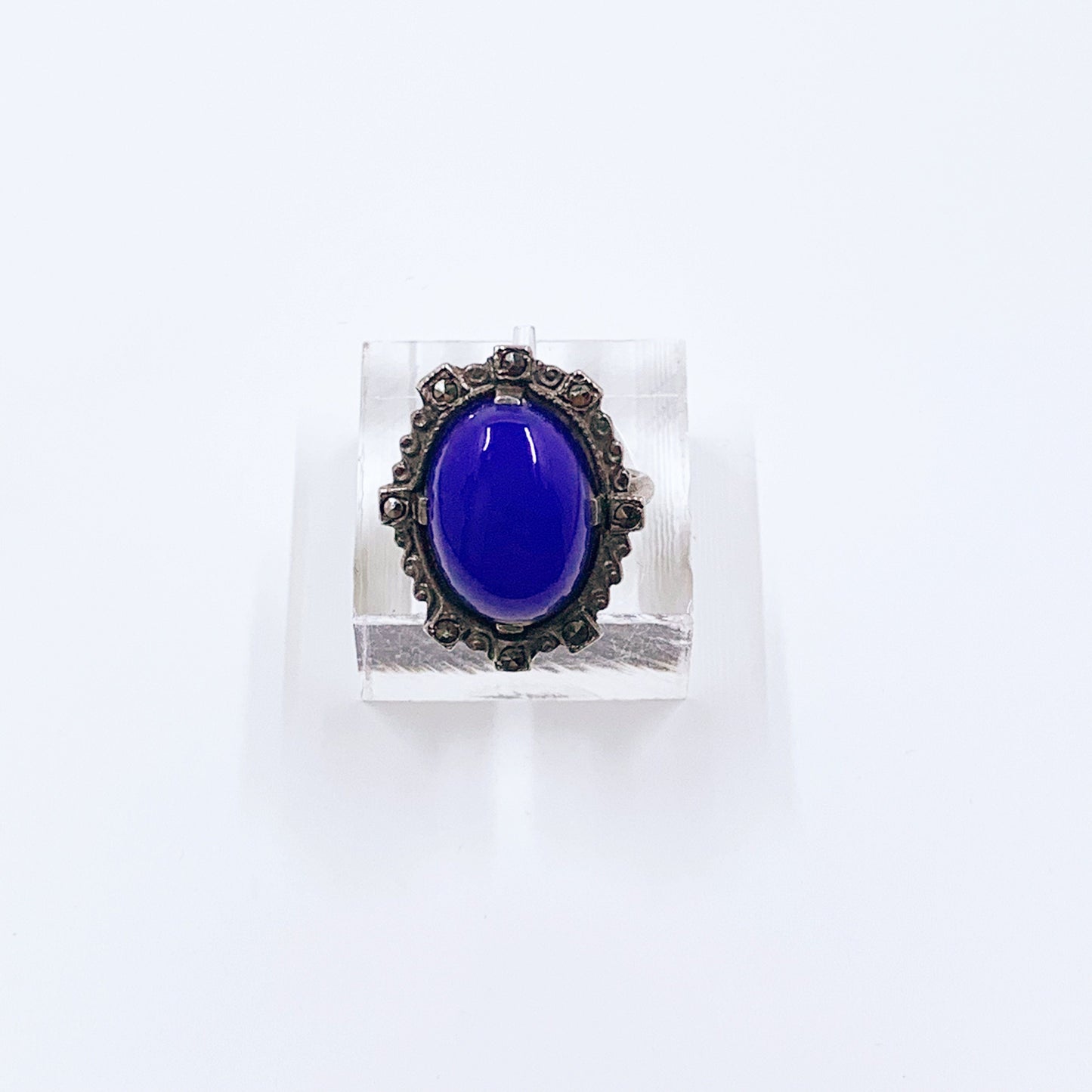 Vintage Sterling Silver Art Deco Style Ring | Marcasite Blue Glass Ring | Size 4 Ring