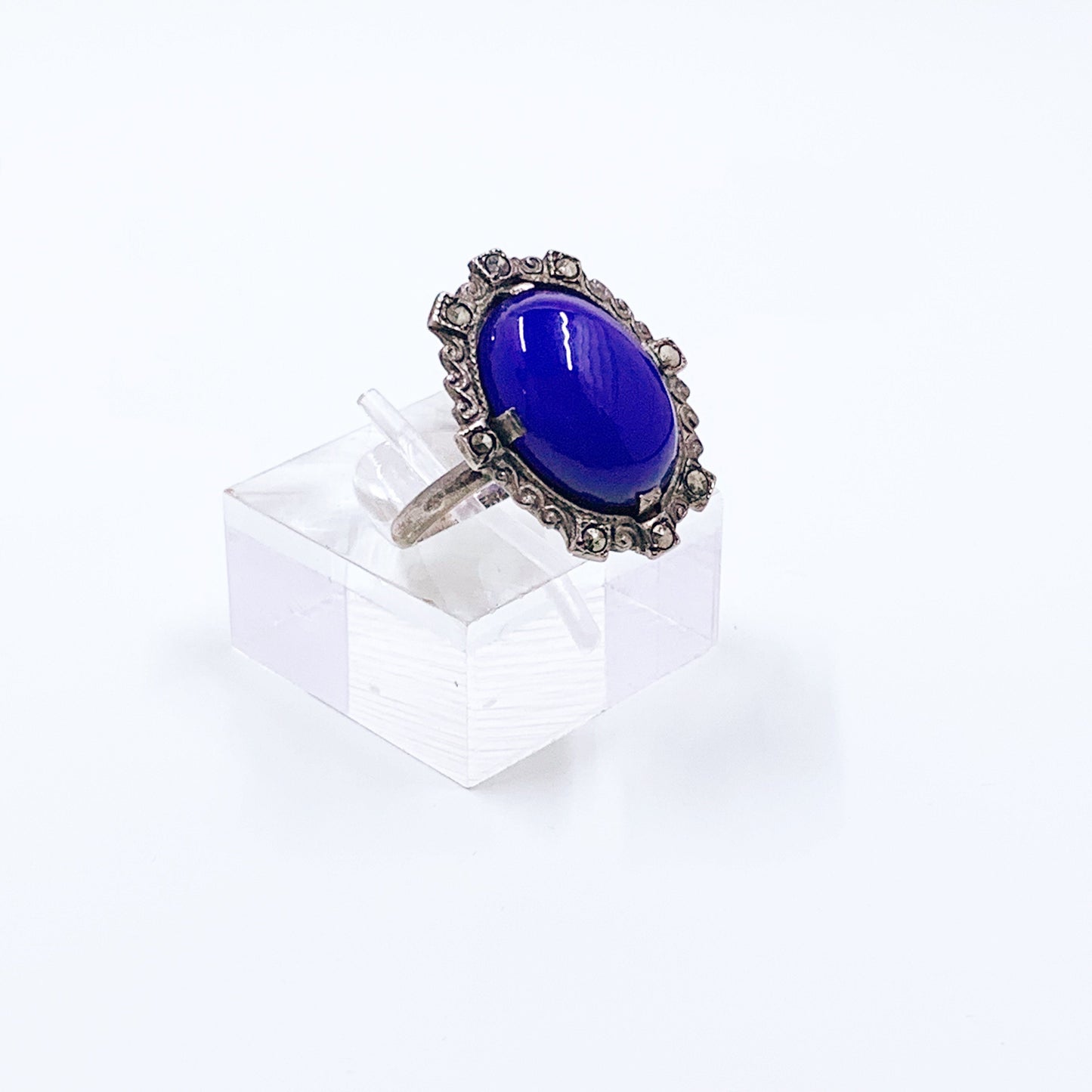 Vintage Sterling Silver Art Deco Style Ring | Marcasite Blue Glass Ring | Size 4 Ring