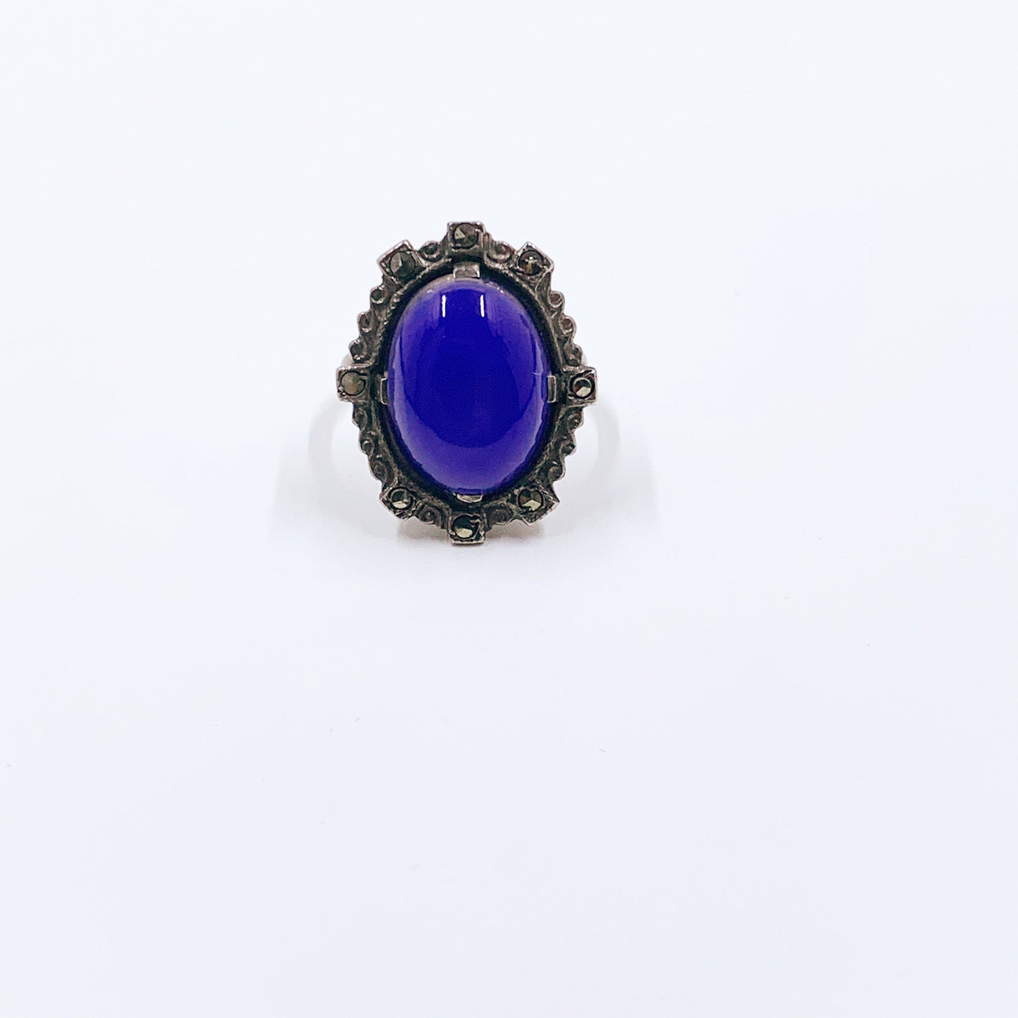 Vintage Sterling Silver Art Deco Style Ring | Marcasite Blue Glass Ring | Size 4 Ring