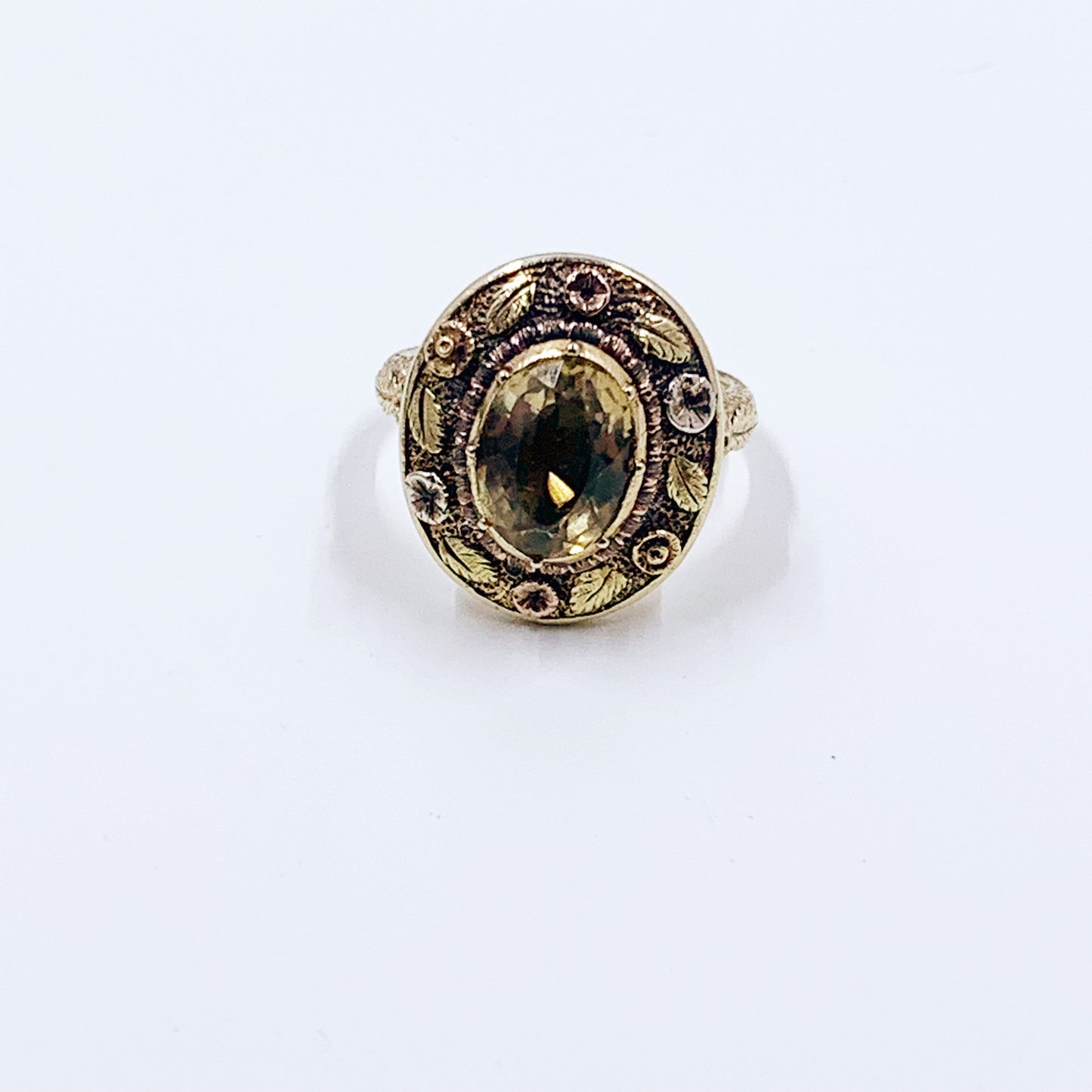 Antique Victorian 14k Gold Floral Ring | Antique Collet Set Lemon Quartz Ring | US Size 5 1/2 Ring