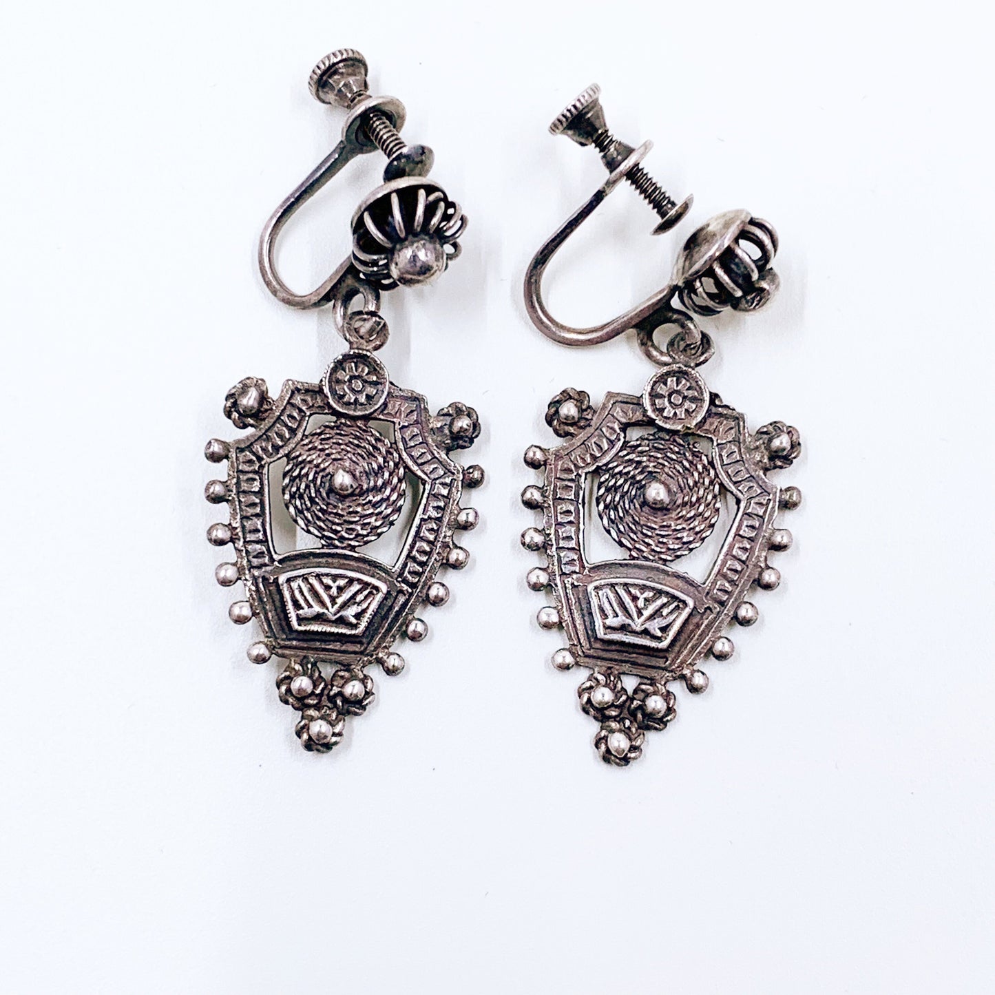Vintage Silver Ethnic Dangle Earrings |  Sterling Silver Cannetille Screw Back Earrings