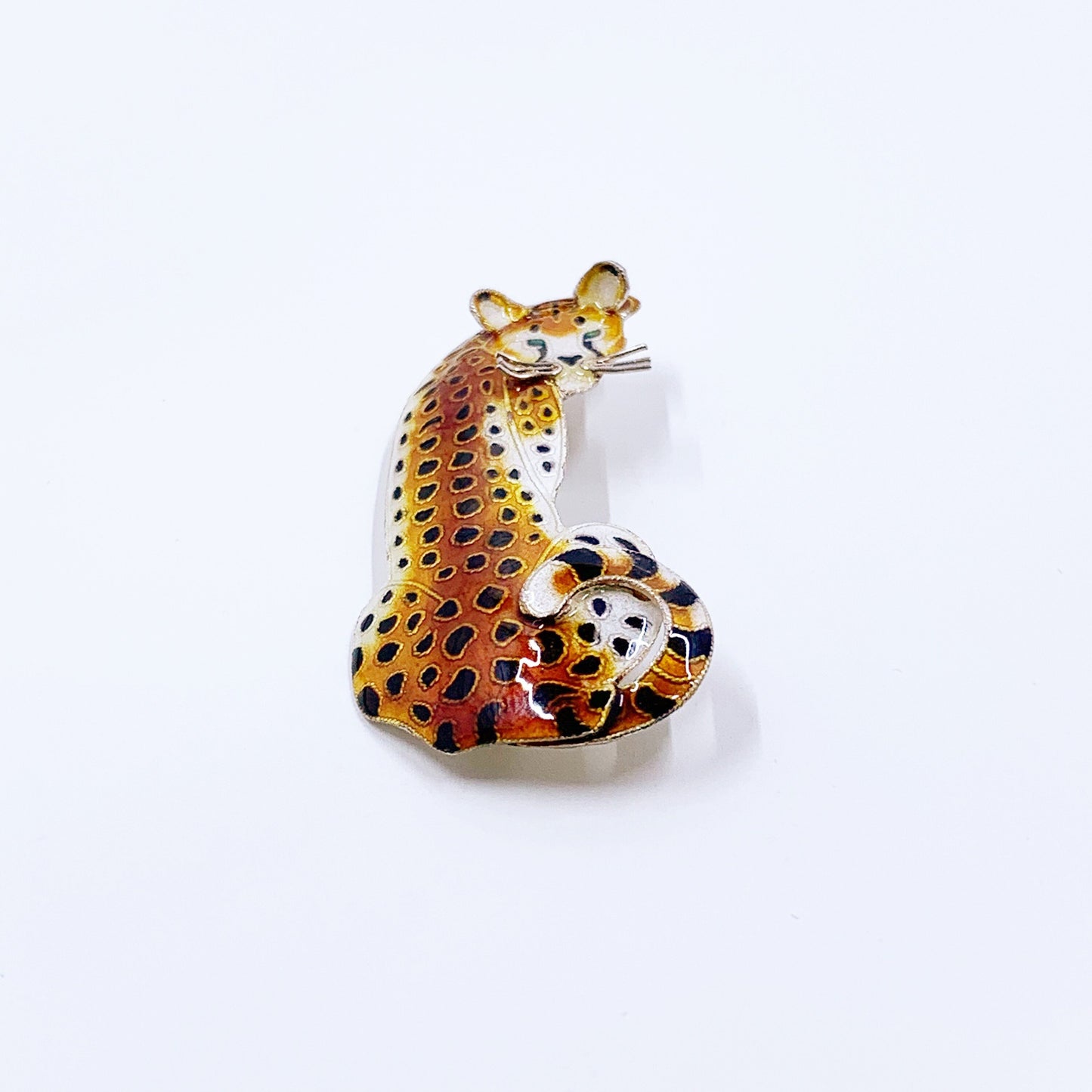 Vintage Silver Enamel Cheetah Brooch | Handmade Enamel Cheetah Pin | Safari Animal Brooch