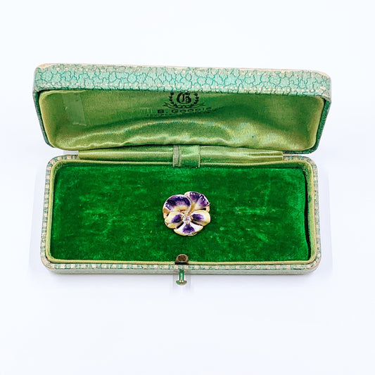 Antique Art Nouveau Pansy and Diamond Brooch | 14k Gold Enamel Pansy Flower Brooch