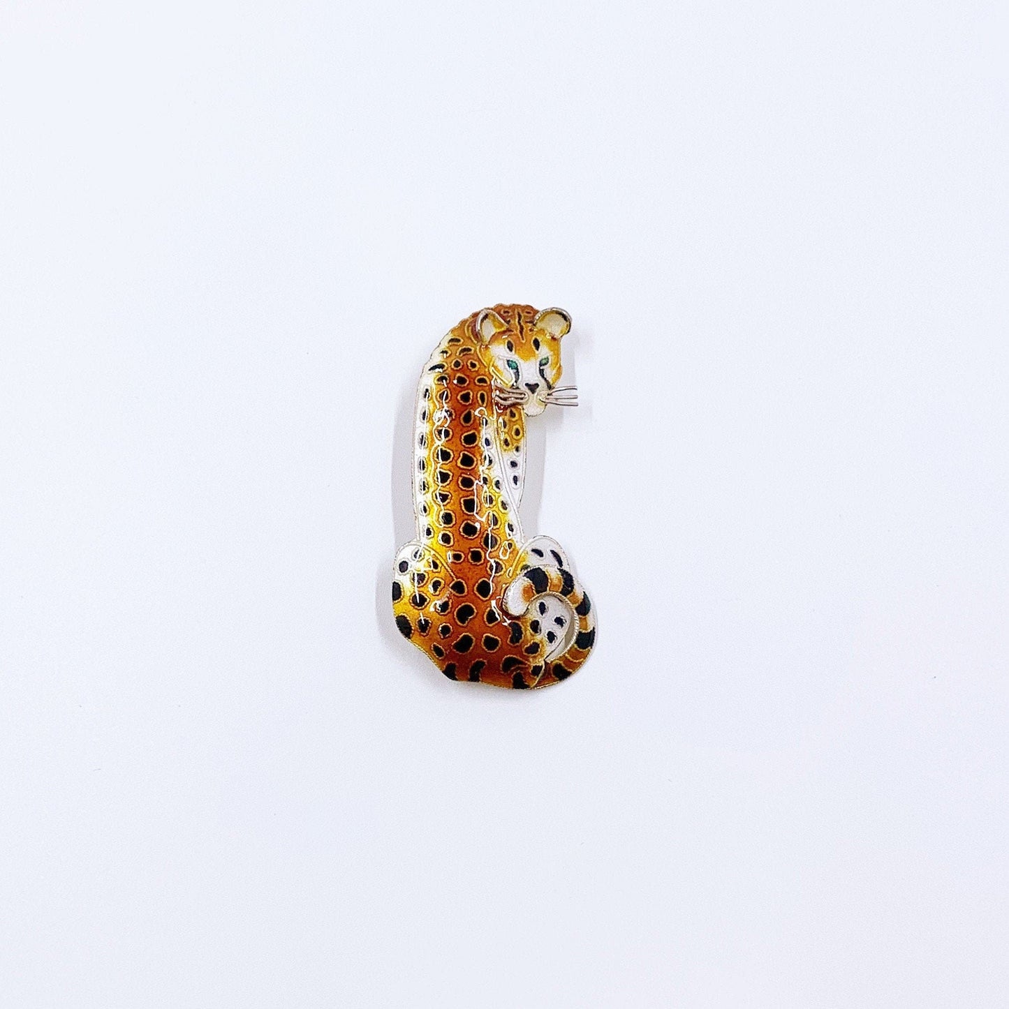 Vintage Silver Enamel Cheetah Brooch | Handmade Enamel Cheetah Pin | Safari Animal Brooch