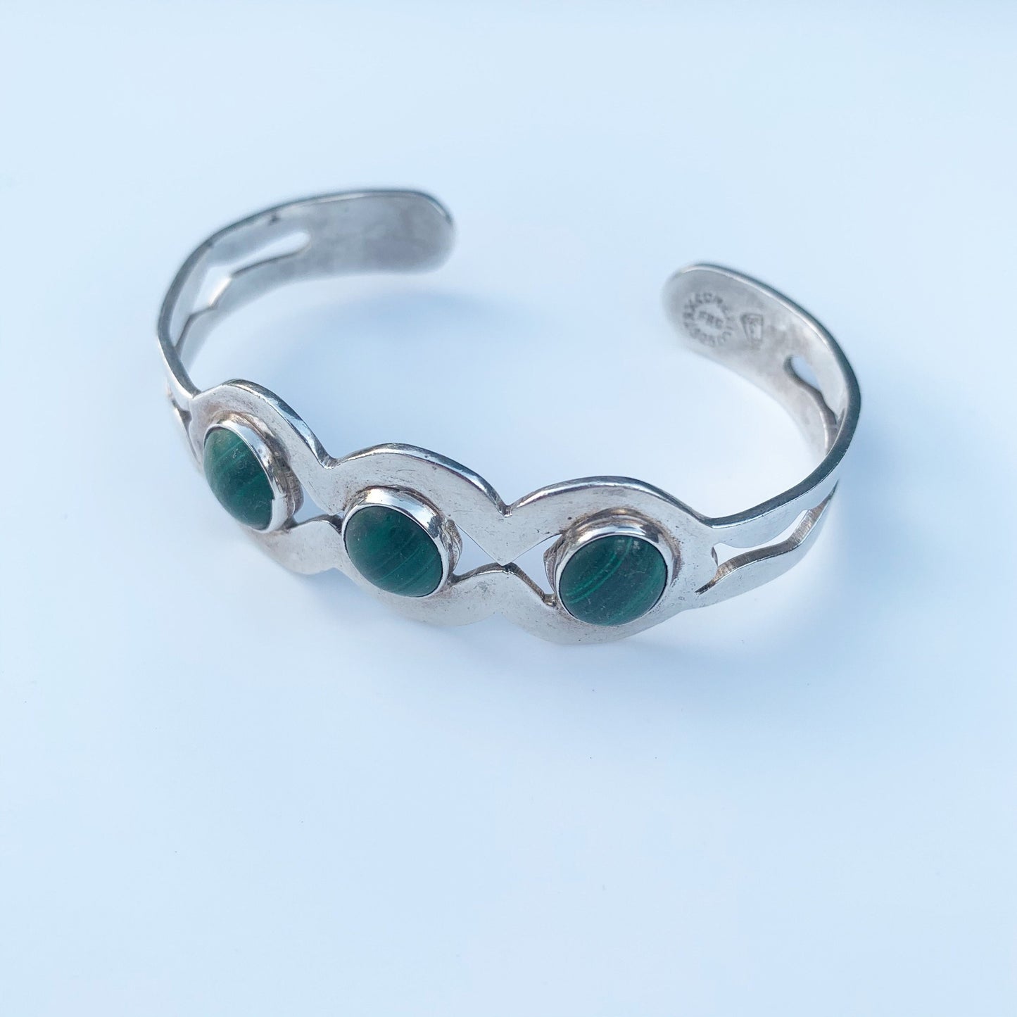 Vintage Mexican Silver Malachite Cuff Bracelet | Malachite Three Stone Cuff