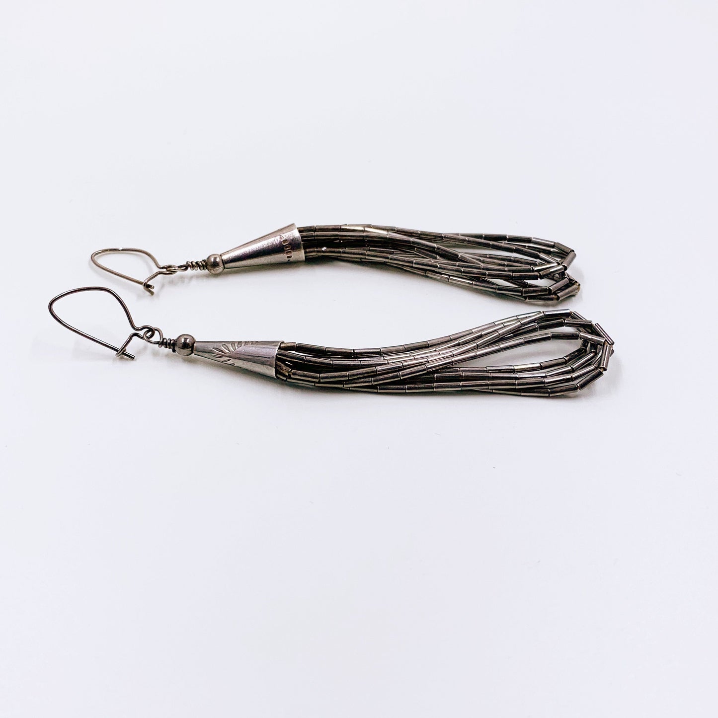 Vintage Liquid Silver Earrings | 5 Strand Silver Heishi Bead Earrings