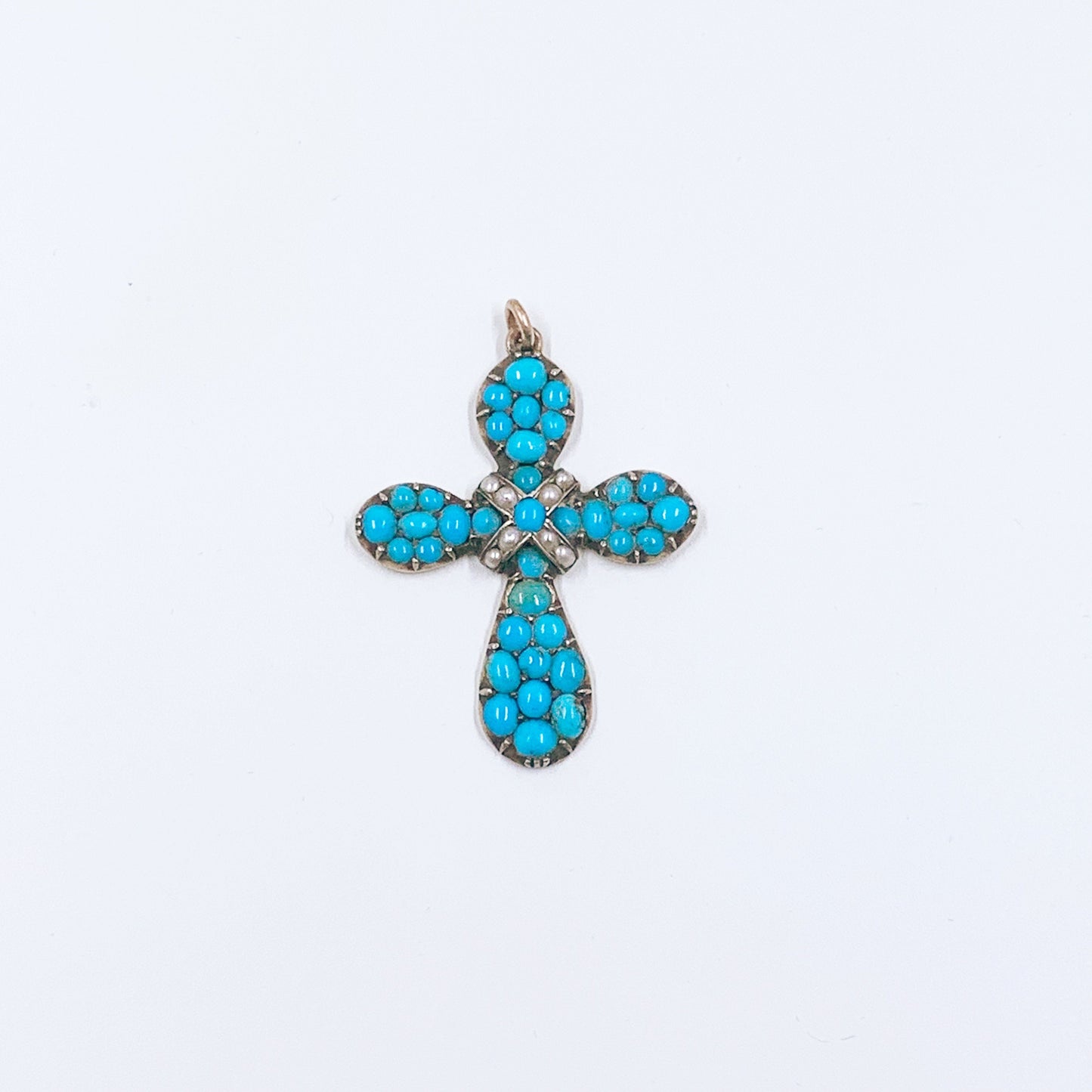 Victorian Turquoise and Seed Pearl Cross Pendant | Antique Gold Turquoise Cross Pendant