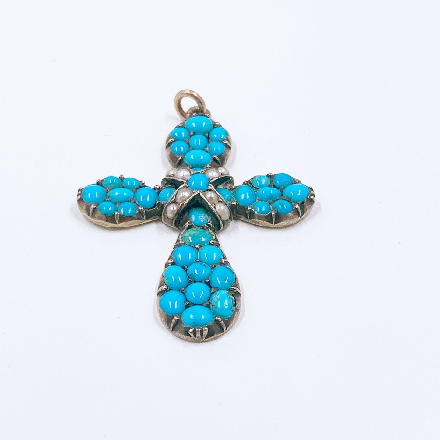 Victorian Turquoise and Seed Pearl Cross Pendant | Antique Gold Turquoise Cross Pendant