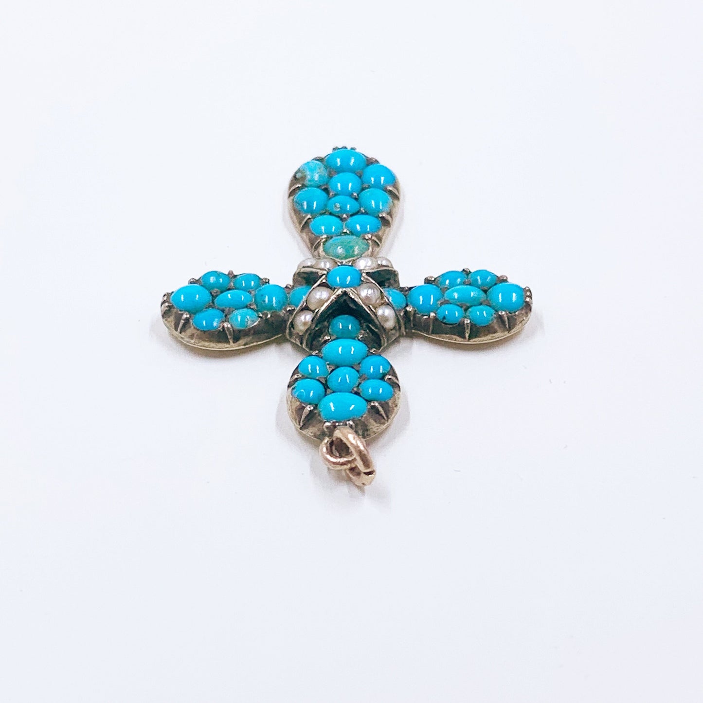 Victorian Turquoise and Seed Pearl Cross Pendant | Antique Gold Turquoise Cross Pendant