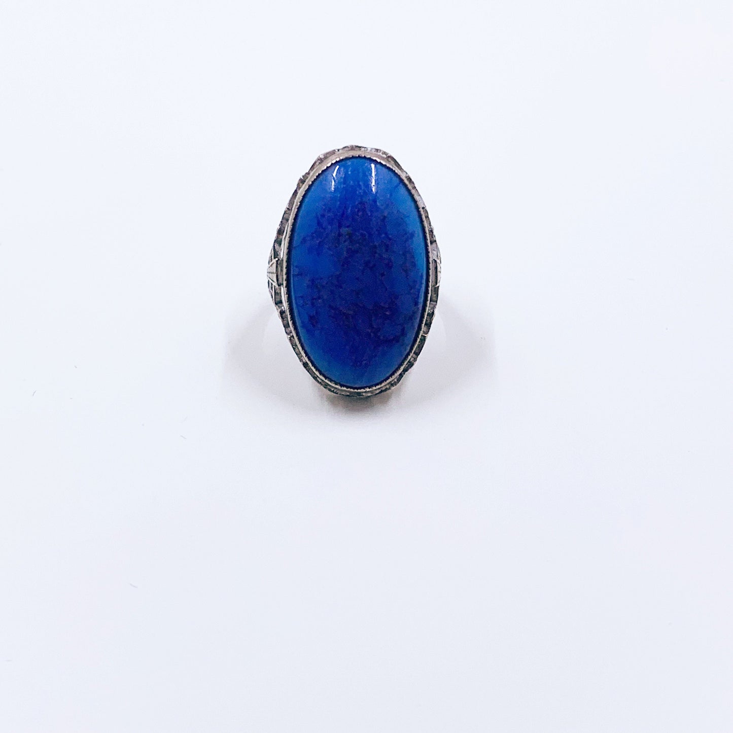 Antique Art Deco Blue Glass Stone Filigree Ring | Art Deco Filigree Sterling Silver Ring | Size 4 1/2 Ring
