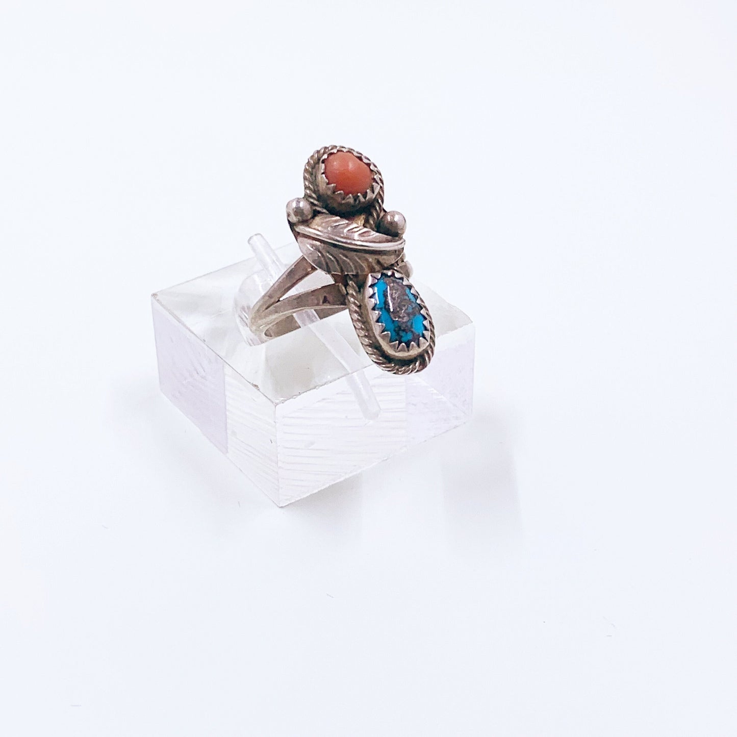 Vintage Silver Turquoise and Coral Ring | Southwest Jewelry | Silver Two Stone Ring | Size 5