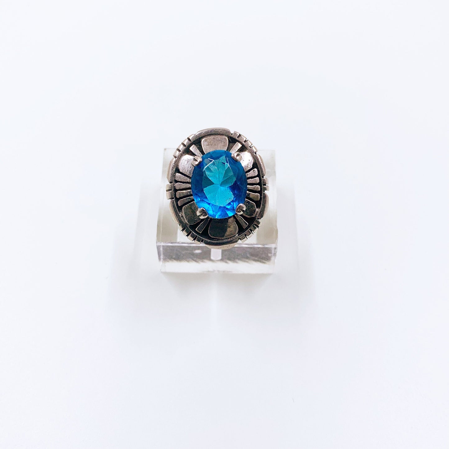 Vintage Sterling Silver Shadow Box Ring | Sterling Blue Stone Ring | Size 6 Ring