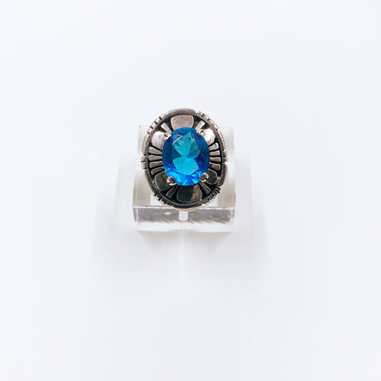 Vintage Sterling Silver Shadow Box Ring | Sterling Blue Stone Ring | Size 6 Ring