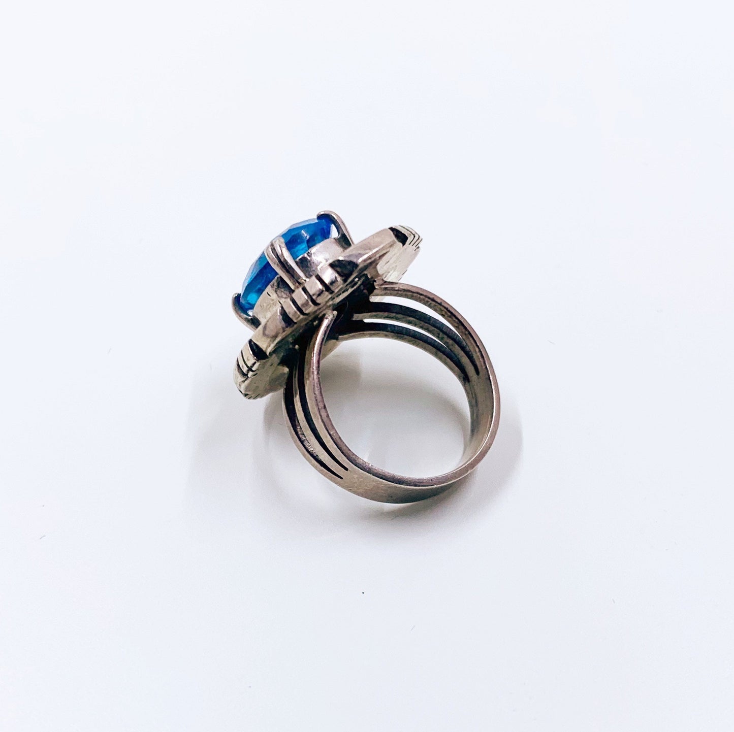 Vintage Sterling Silver Shadow Box Ring | Sterling Blue Stone Ring | Size 6 Ring