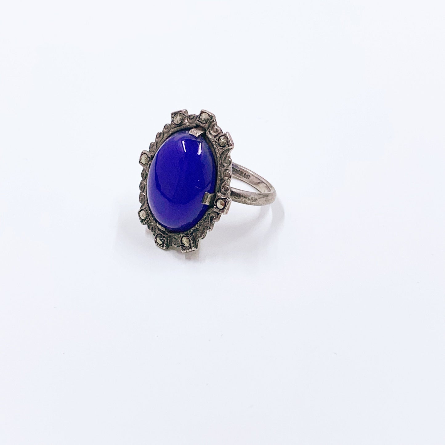 Vintage Sterling Silver Art Deco Style Ring | Marcasite Blue Glass Ring | Size 4 Ring