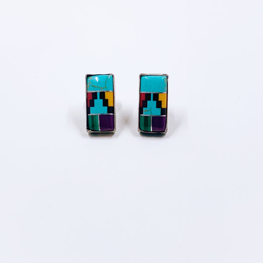 Vintage Silver Inlay Stud Earrings | Multi-stone Inlay Studs | Southwest Multicolor Inlay Earrings