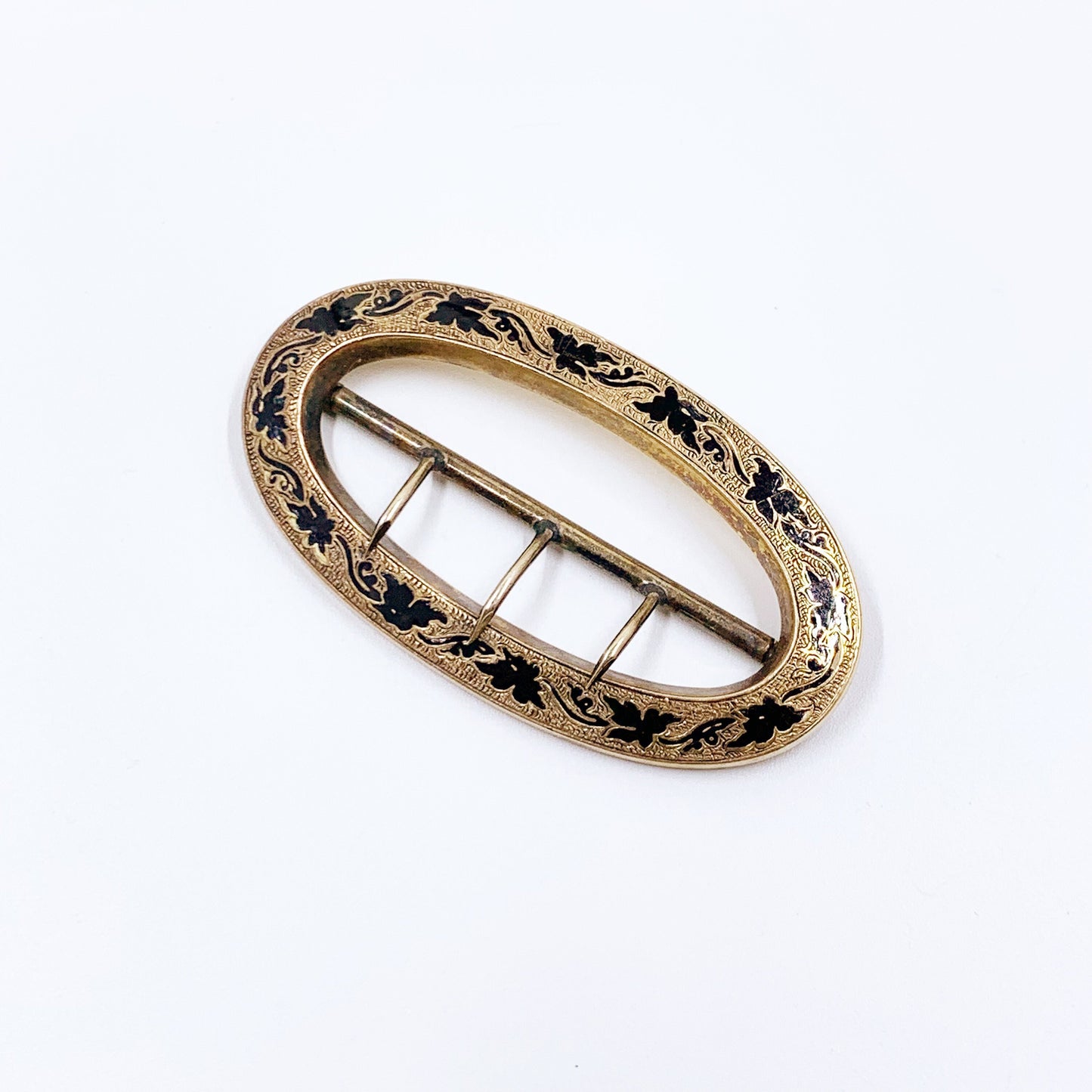 Victorian Black Taille D’épargne Enamel Sash Belt Buckle | Antique Taille D’épargne Gold Buckle