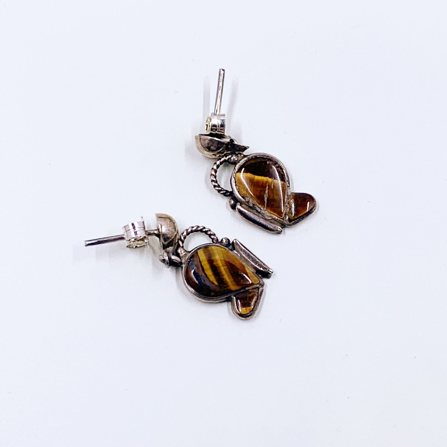 Vintage Silver Butterfly Earrings | Tiger's Eye Inlay Earrings | Vintage Butterfly Drop Earrings