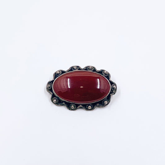 Vintage Carnelian Silver Brooch | Silver Cannetille Carnelian Brooch