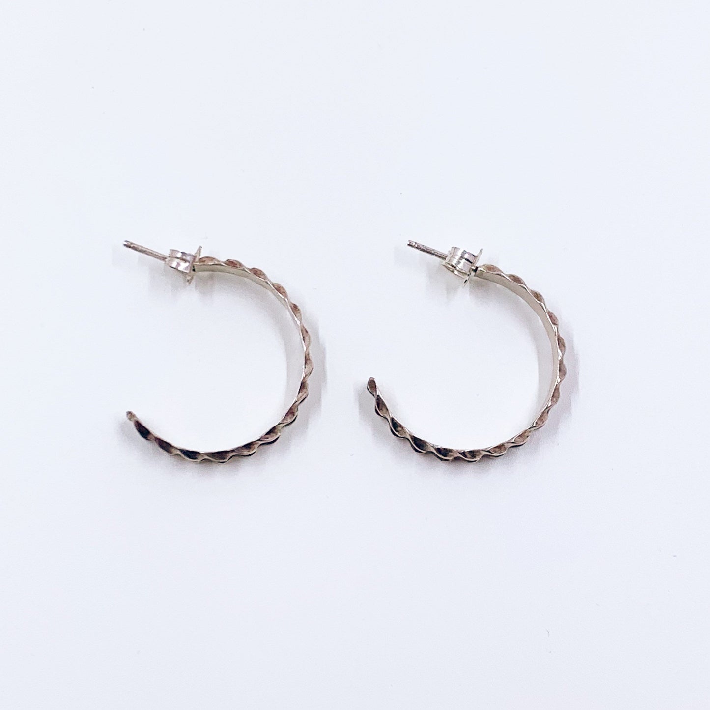 Vintage Silver Textured Hoop Earrings | Silver Braided Ridge Patterned Half Hoop Earrings