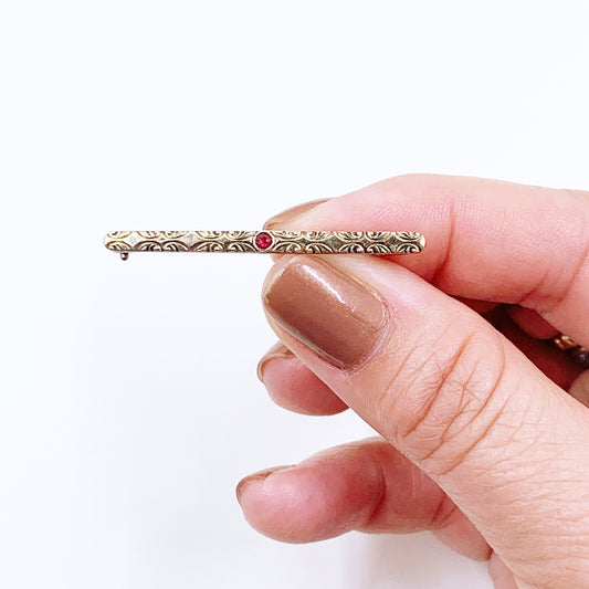 Vintage Engraved Bar Brooch | 800 Silver Brooch | Red Stone Brooch