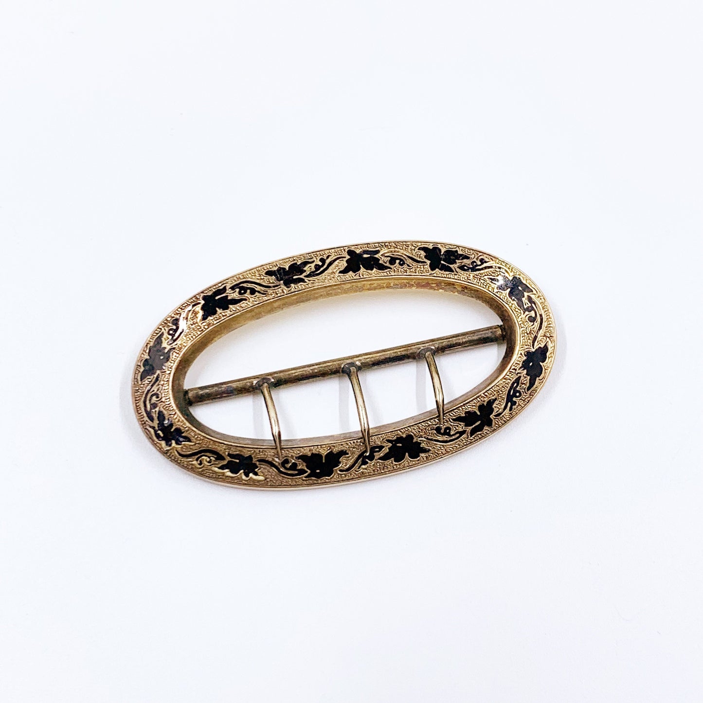 Victorian Black Taille D’épargne Enamel Sash Belt Buckle | Antique Taille D’épargne Gold Buckle