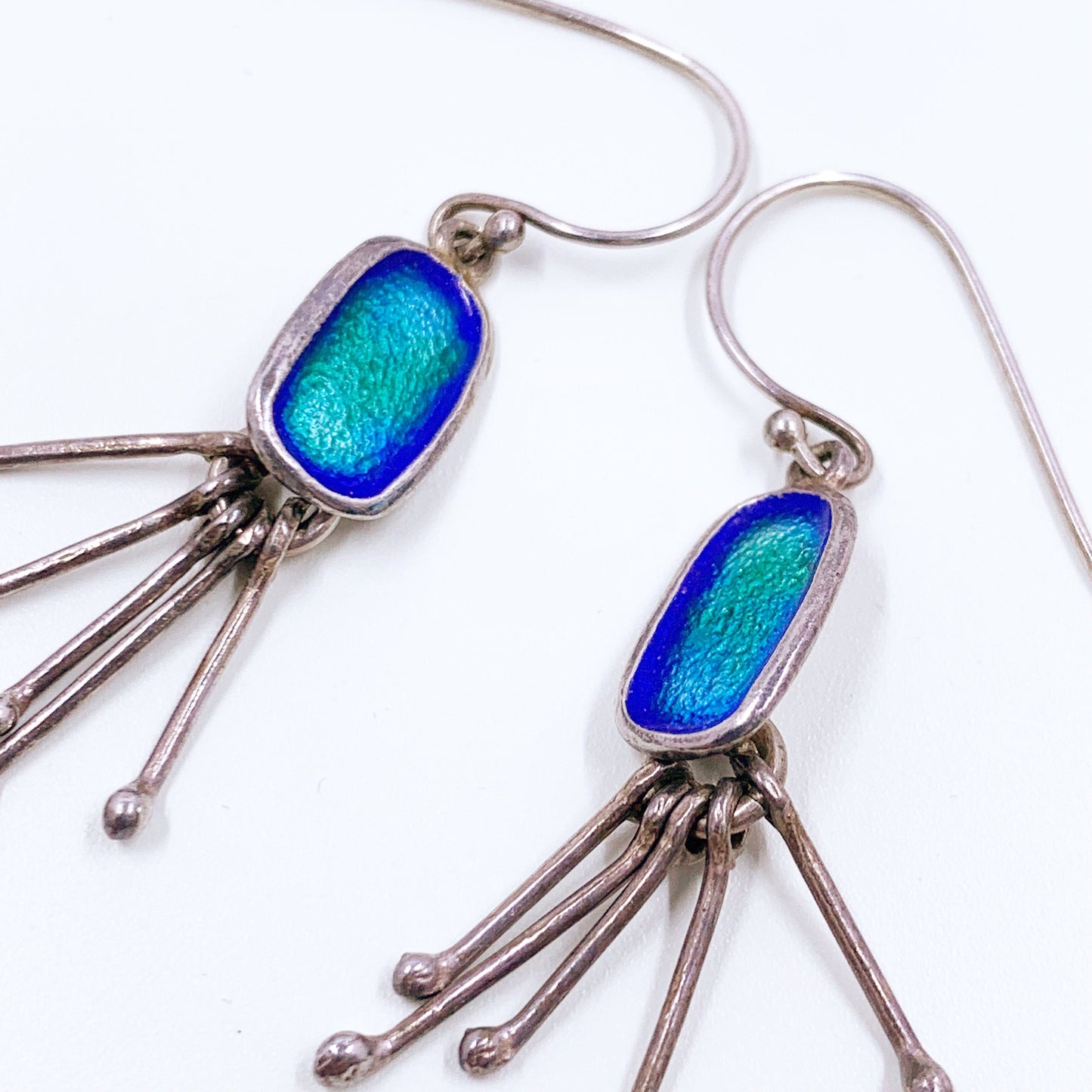 Vintage Silver Modernist Blue Enamel Earrings | Modernist Oval Blue Enamel Fringe Earrings | Articulated Silver Dangle Earrings
