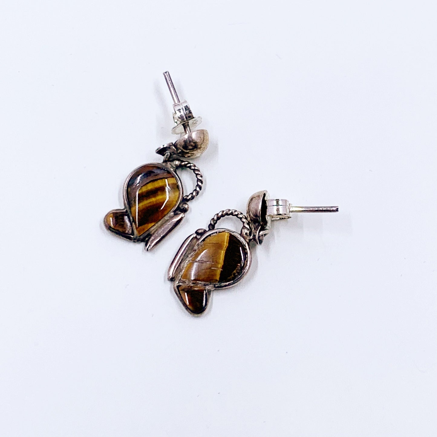 Vintage Silver Butterfly Earrings | Tiger's Eye Inlay Earrings | Vintage Butterfly Drop Earrings