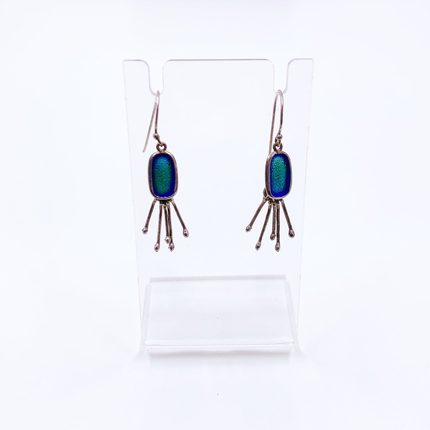 Vintage Silver Modernist Blue Enamel Earrings | Modernist Oval Blue Enamel Fringe Earrings | Articulated Silver Dangle Earrings