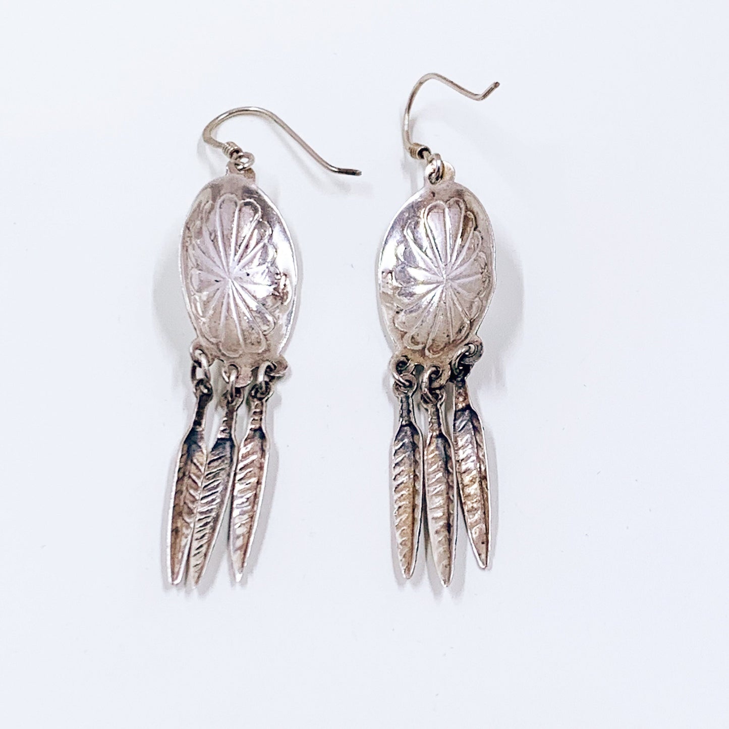 Vintage Silver Concho and Feather Earrings | Southwest Silver Feather Fringe Earrings