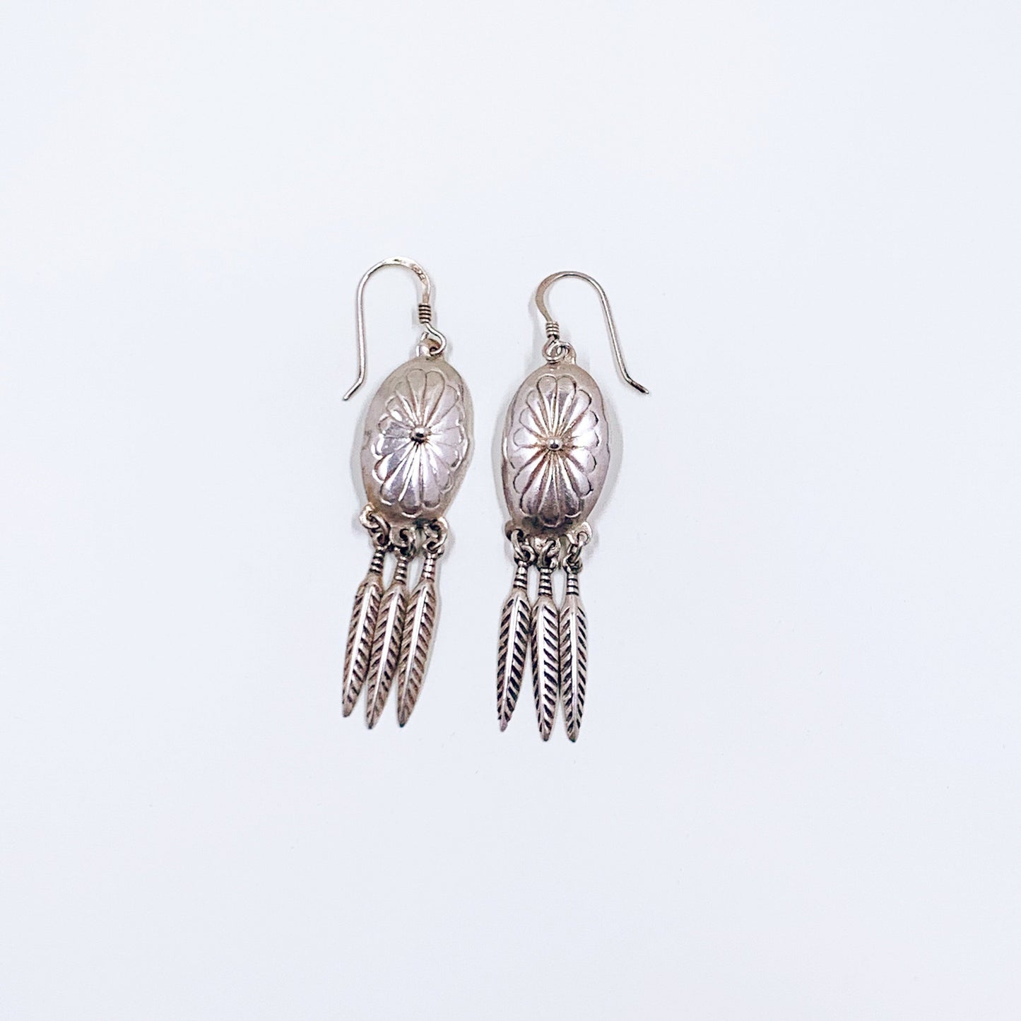 Vintage Silver Concho and Feather Earrings | Southwest Silver Feather Fringe Earrings