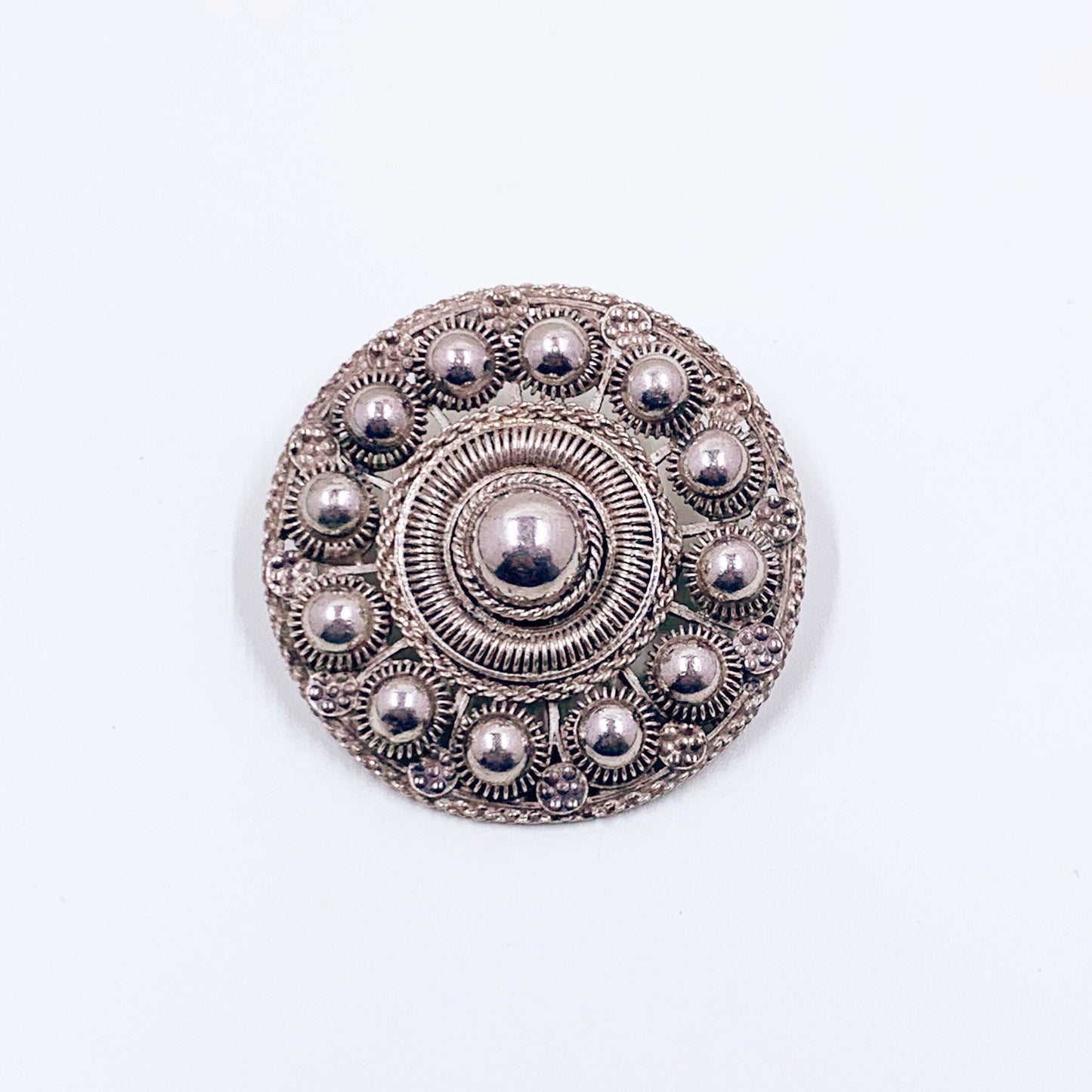 Vintage Cannetille Silver Brooch | Etruscan Revival Cannetille Brooch | Silver Medallion