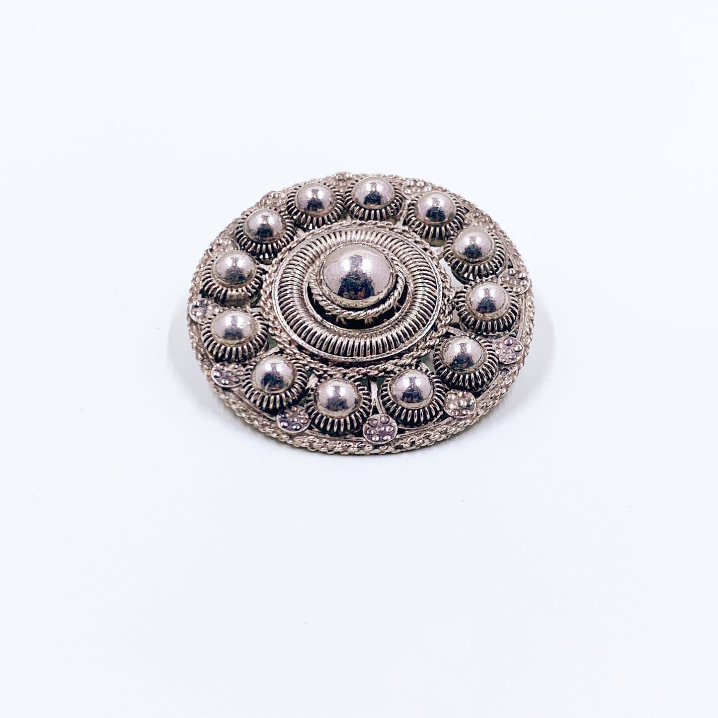 Vintage Cannetille Silver Brooch | Etruscan Revival Cannetille Brooch | Silver Medallion
