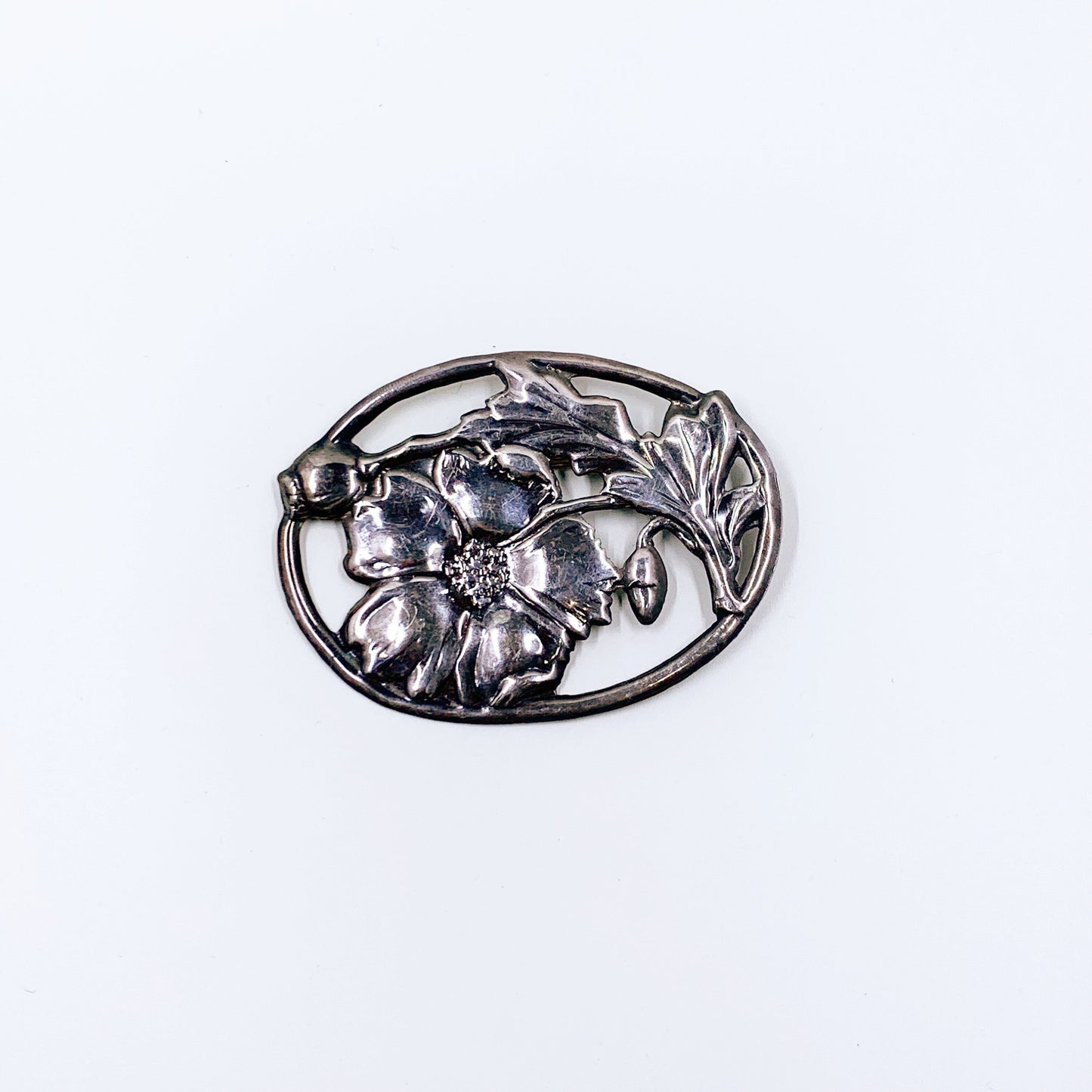 Vintage Sterling Silver Openwork Floral Brooch | Silver Oval Art Nouveau Style Flower Brooch | Large Flower Brooch