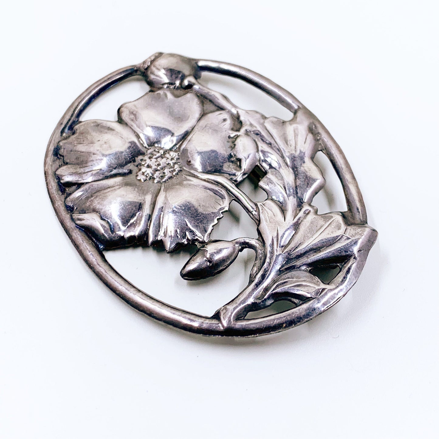 Vintage Sterling Silver Openwork Floral Brooch | Silver Oval Art Nouveau Style Flower Brooch | Large Flower Brooch