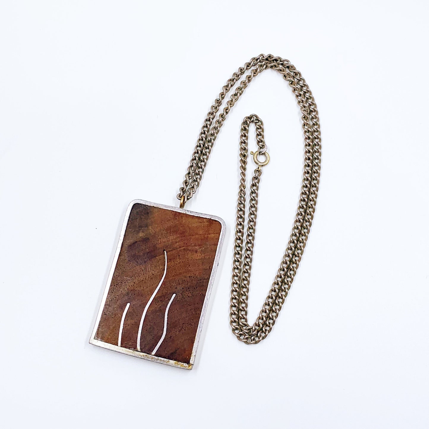 Vintage Modernist Wood and Pewter Inlay Necklace | 1970's Modernist Designer Necklace | Pewter IHC