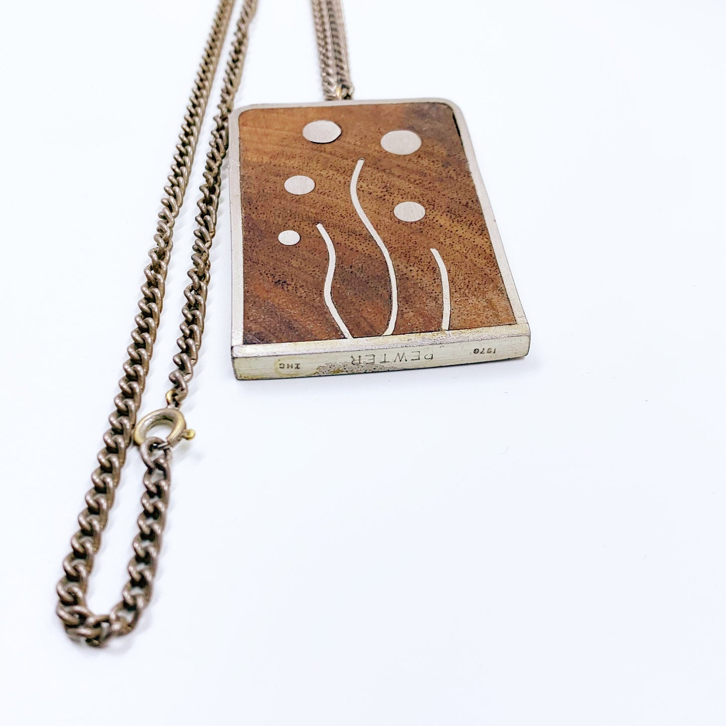 Vintage Modernist Wood and Pewter Inlay Necklace | 1970's Modernist Designer Necklace | Pewter IHC