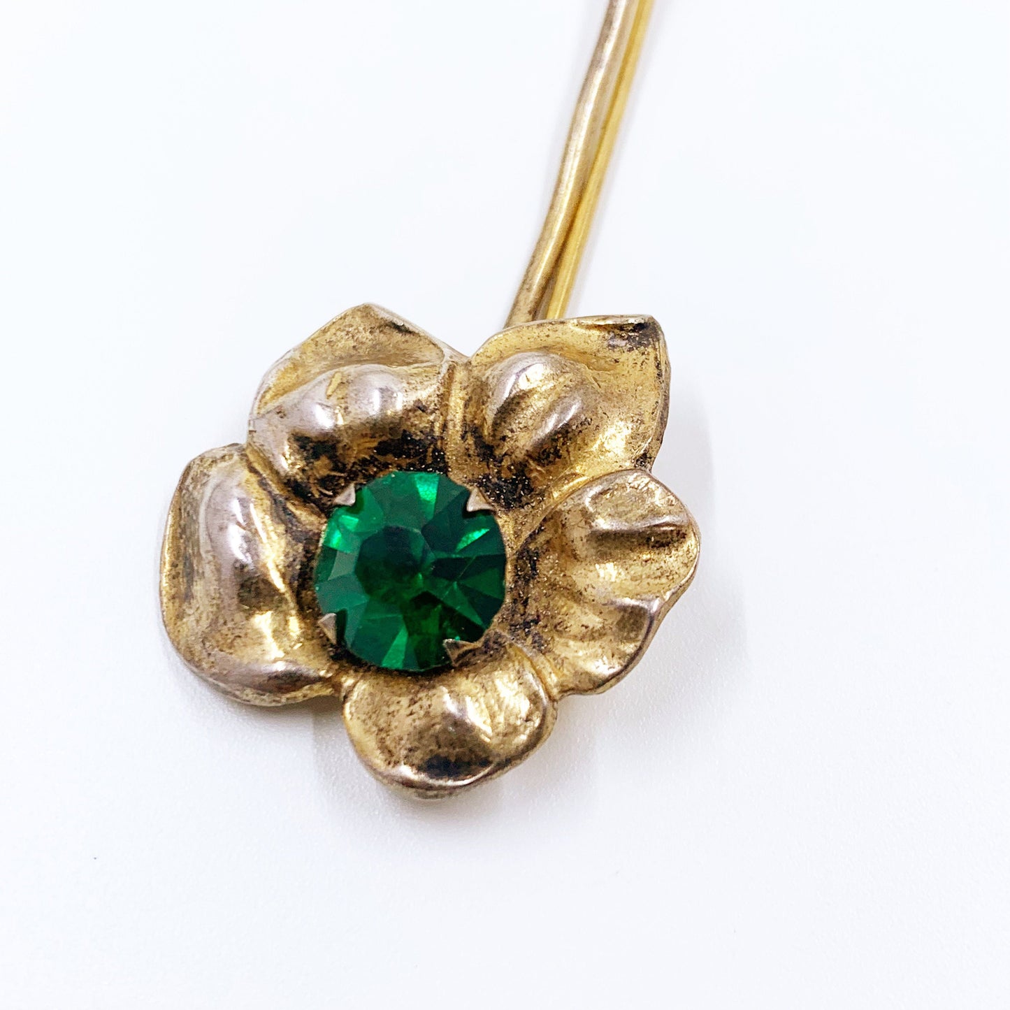 Vintage Sterling Green Rhinestone Flower Brooch | Sterling Vermeil Flower Brooch