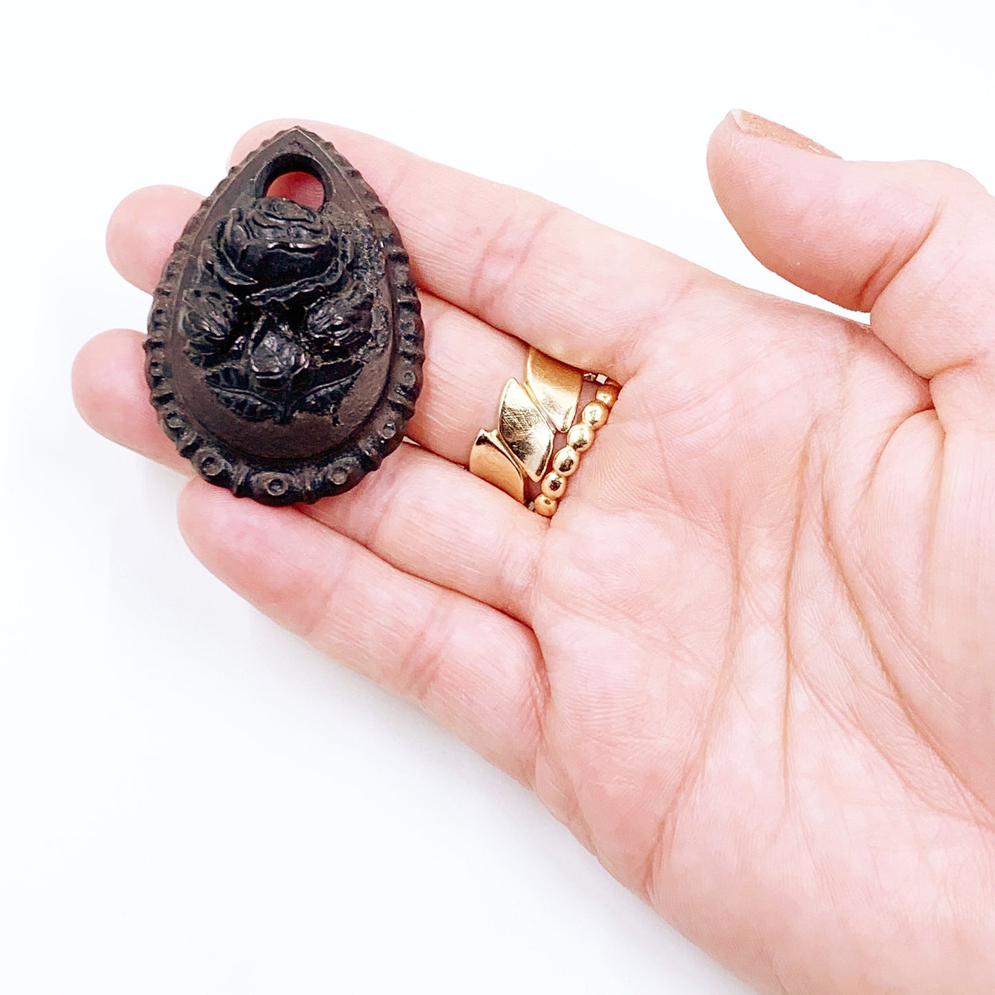 Antique Victorian Vulcanite Floral Cameo Pendant | Antique Tear Drop Rose Cameo Pendant