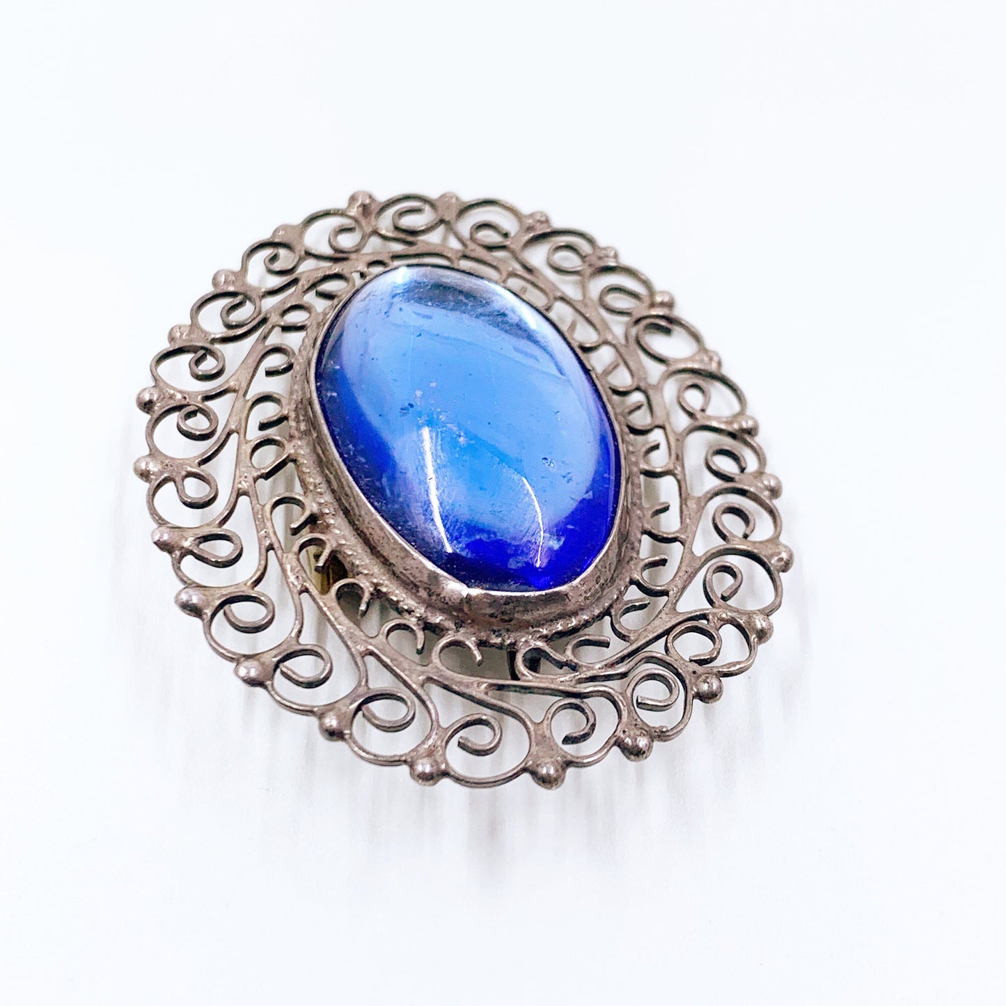 Vintage Silver Filigree Brooch | Mexican Silver Blue Glass Brooch