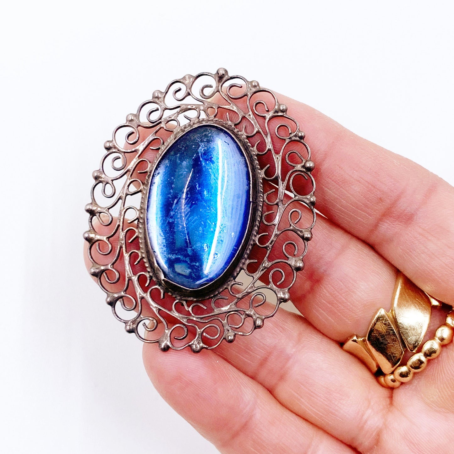 Vintage Silver Filigree Brooch | Mexican Silver Blue Glass Brooch