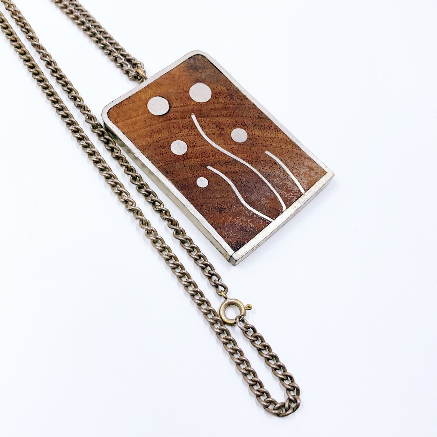 Vintage Modernist Wood and Pewter Inlay Necklace | 1970's Modernist Designer Necklace | Pewter IHC