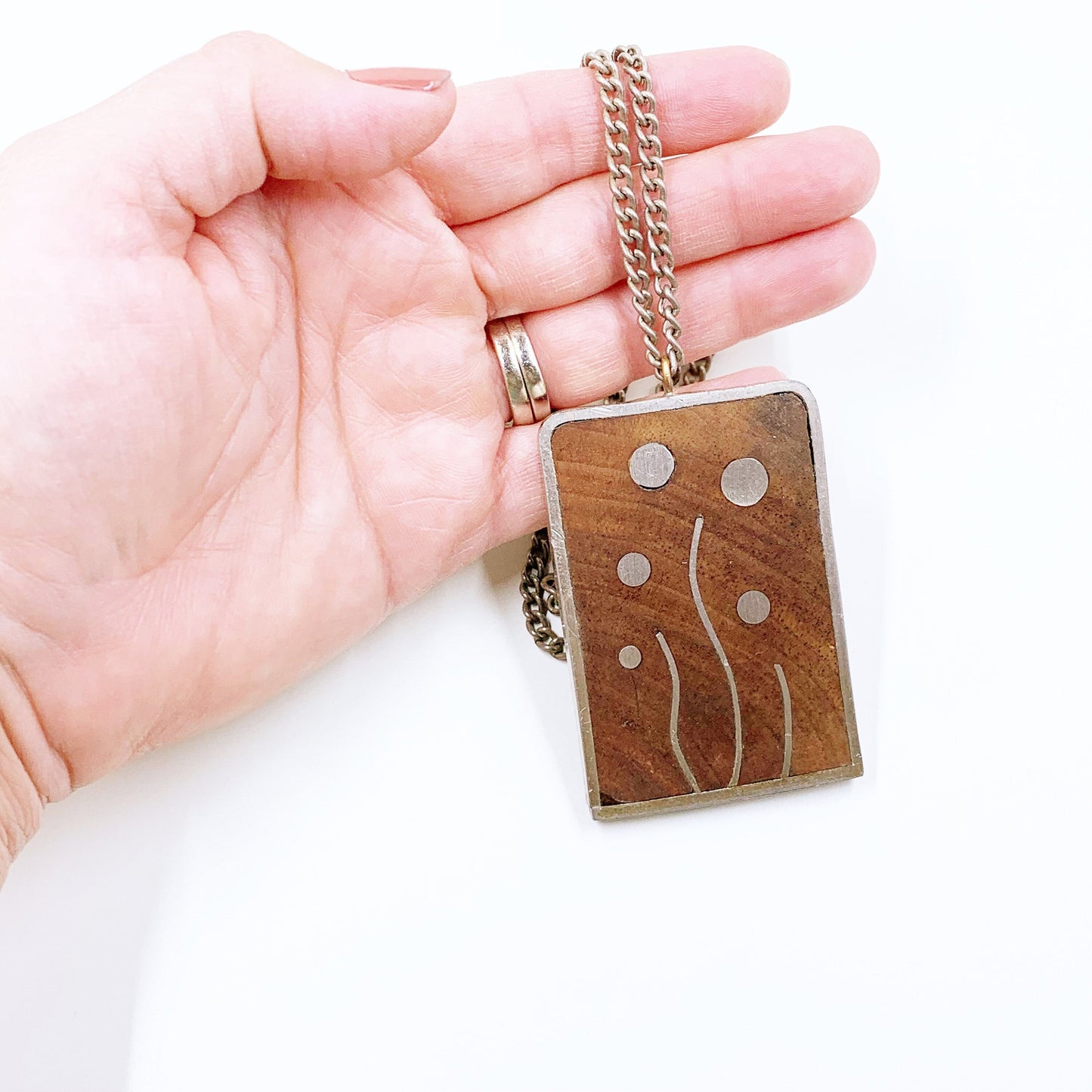 Vintage Modernist Wood and Pewter Inlay Necklace | 1970's Modernist Designer Necklace | Pewter IHC