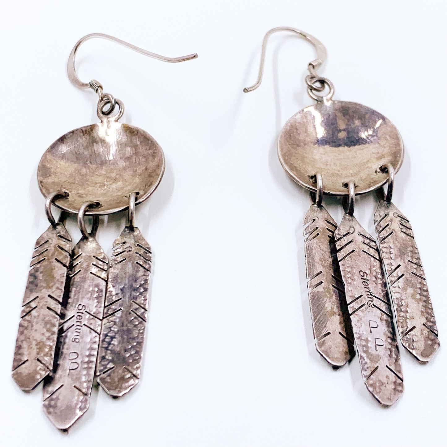Vintage Sterling Silver Pat Platero Navajo Feather Dangle Earrings | Silver Southwest Signed Feather Earrings