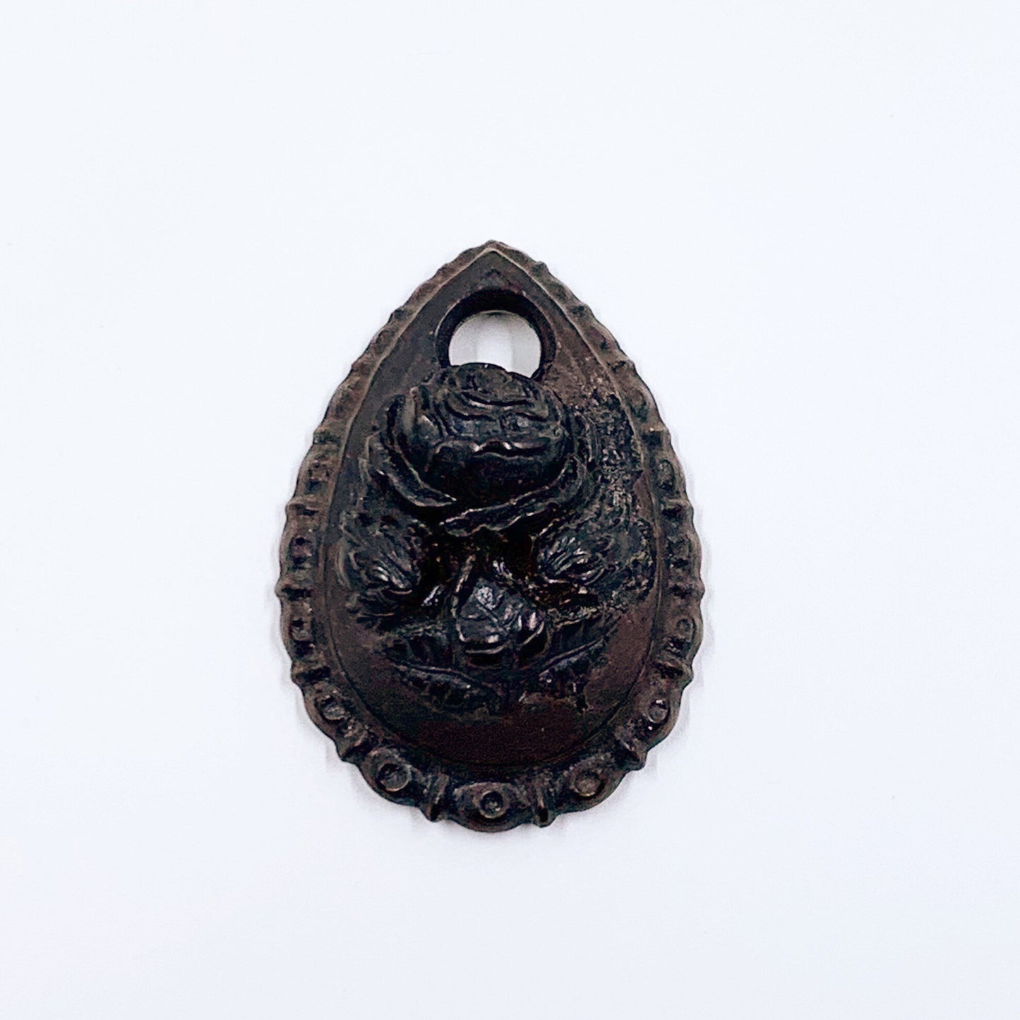 Antique Victorian Vulcanite Floral Cameo Pendant | Antique Tear Drop Rose Cameo Pendant